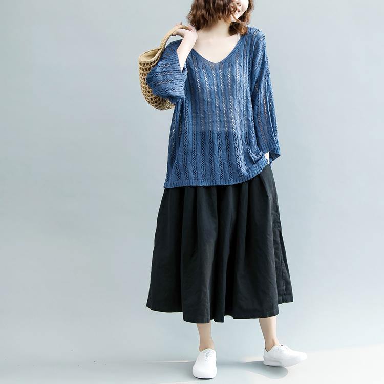 2021 Blue  Winter Sweater Oversized V Neck Knitted Blouses New Hollow Out Blouse - Omychic