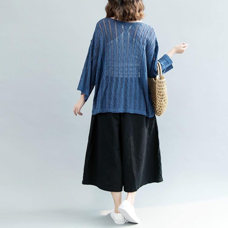 2021 Blue  Winter Sweater Oversized V Neck Knitted Blouses New Hollow Out Blouse - Omychic