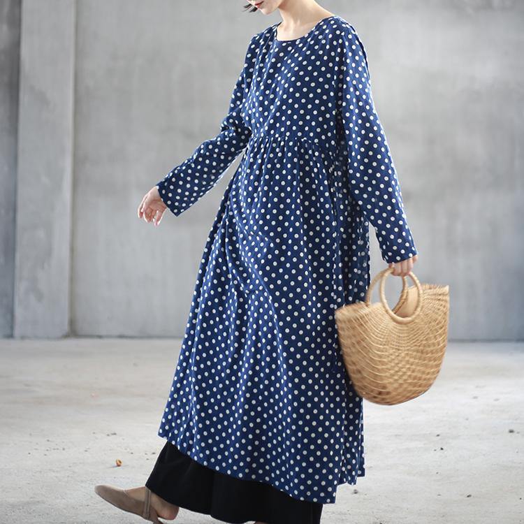 2018 blue dotted cotton caftans trendy plus size high waist fall dresses boutique big hem kaftans - Omychic