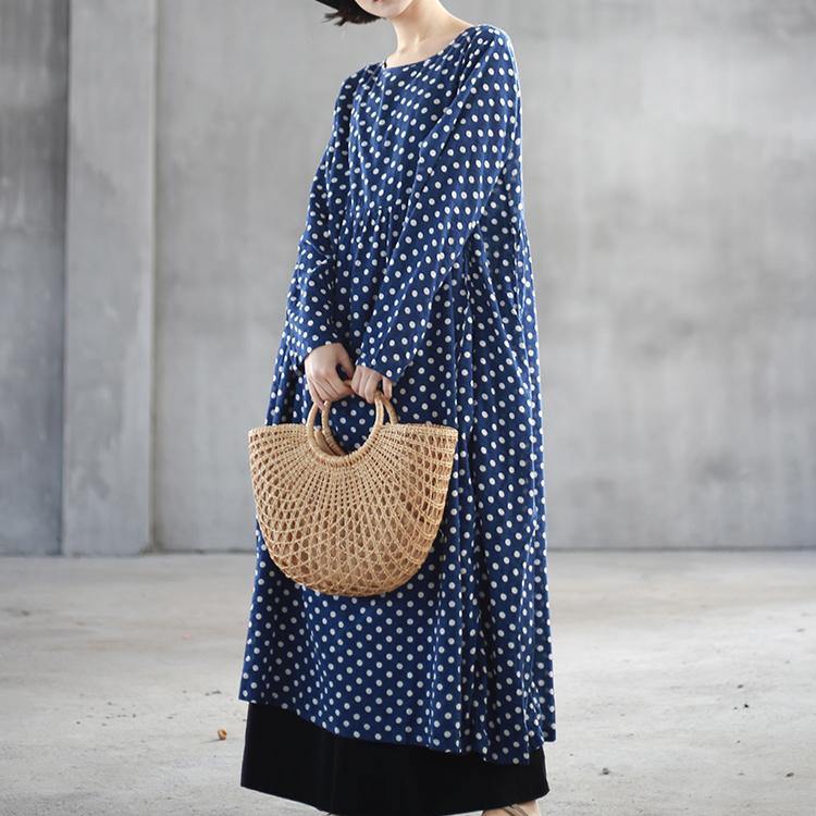 2018 blue dotted cotton caftans trendy plus size high waist fall dresses boutique big hem kaftans - Omychic