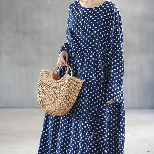 2018 blue dotted cotton caftans trendy plus size high waist fall dresses boutique big hem kaftans - Omychic