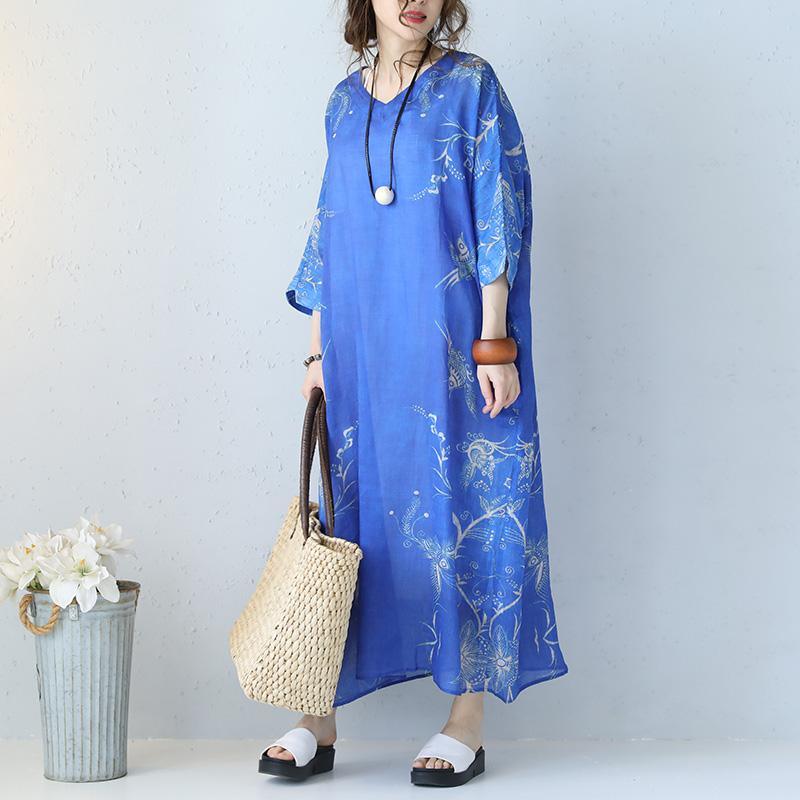 2018 blue natural linen dress oversize v neck long sleeve gown Elegant print exra large hem maxi dresses - Omychic