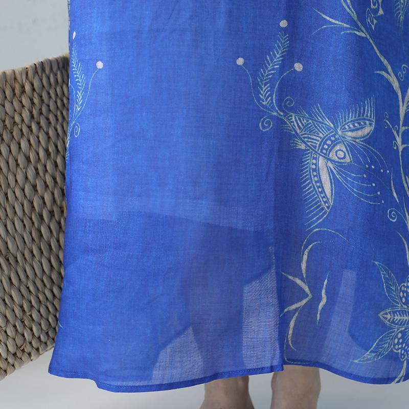 2018 blue natural linen dress oversize v neck long sleeve gown Elegant print exra large hem maxi dresses - Omychic
