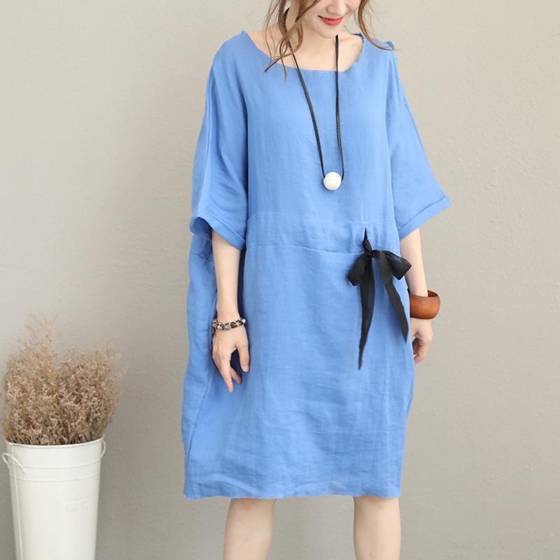 2018 blue natural linen dress oversized O neck half sleeve linen clothing dress Fine tunic baggy dresses - Omychic
