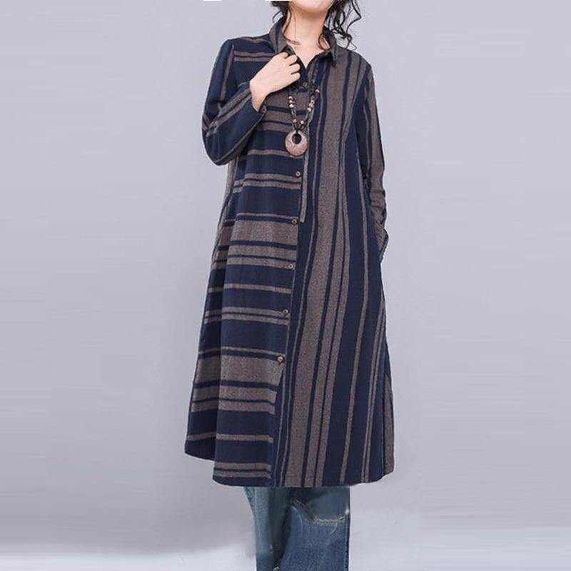 2018 blue striped linen shirt dress oversize patchwork linen shirt coats casual lapel collar cardigans - Omychic