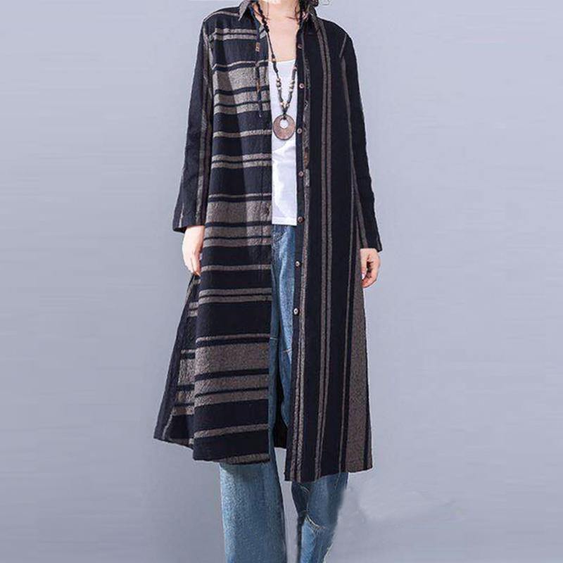 2018 blue striped linen shirt dress oversize patchwork linen shirt coats casual lapel collar cardigans - Omychic