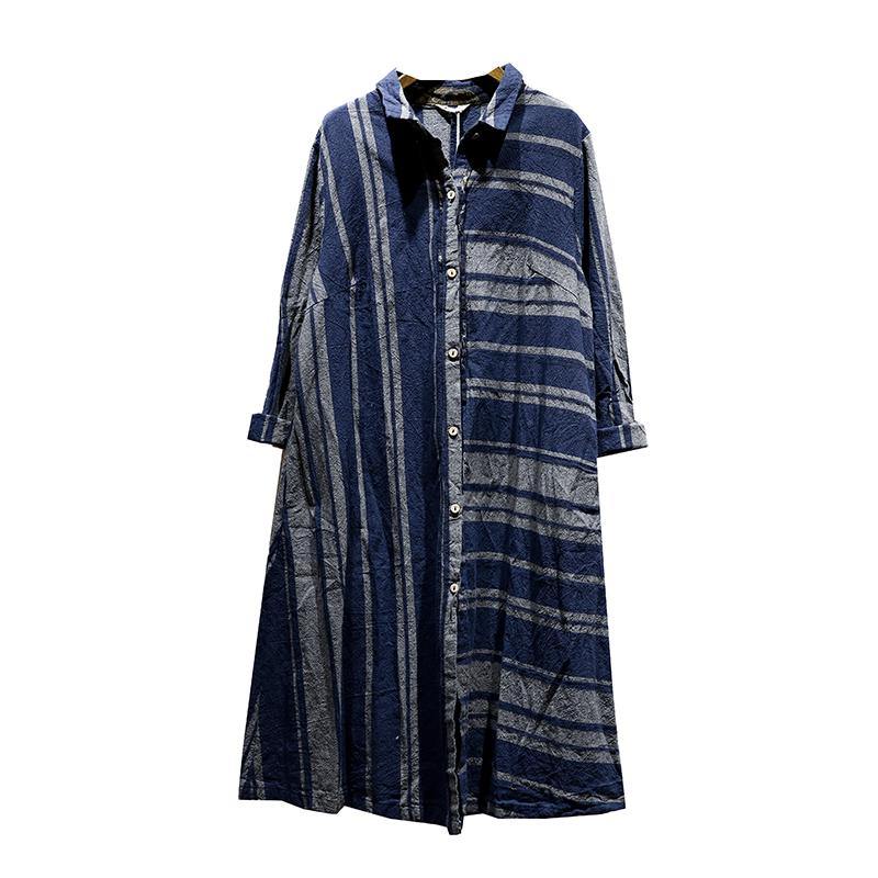 2018 blue striped linen shirt dress oversize patchwork linen shirt coats casual lapel collar cardigans - Omychic