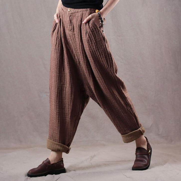 2018 brown autumn plus size linen pants casual women trousers - Omychic