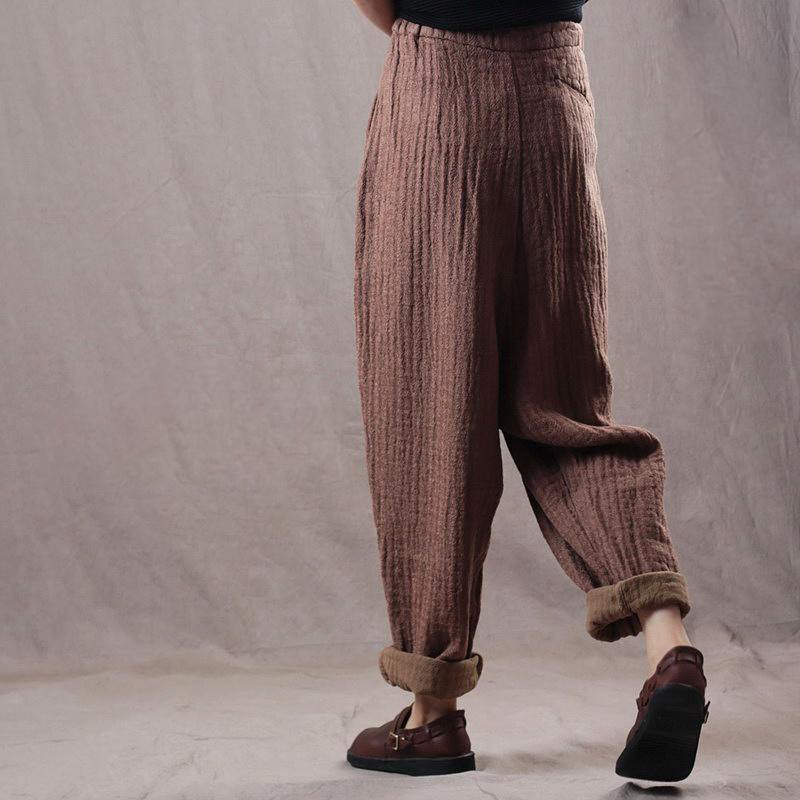 2018 brown autumn plus size linen pants casual women trousers - Omychic