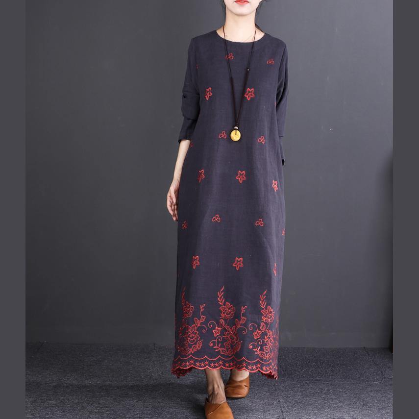 2018 dark gray embroider fabric linen caftans oversized O neck baggy dresses caftans Elegant long sleeve dresses - Omychic
