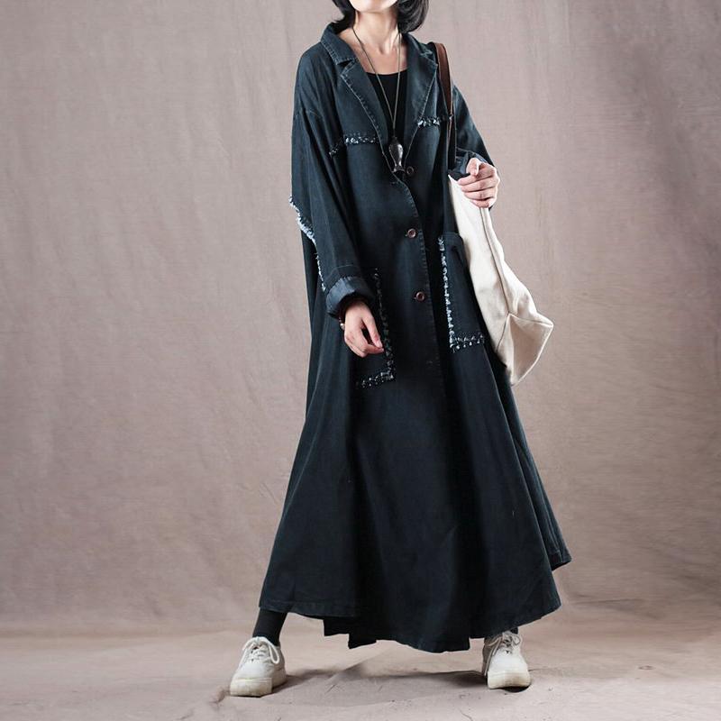 2018 denim black coats Loose fitting Notched trench coat Fashion large hem pockets coats - Omychic