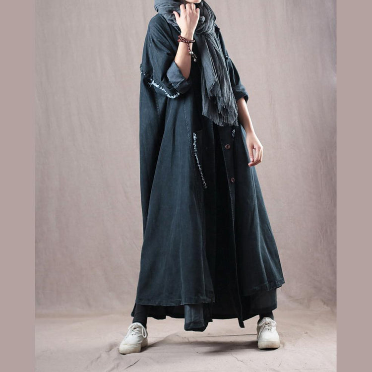 2018 denim black coats Loose fitting Notched trench coat Fashion large hem pockets coats - Omychic