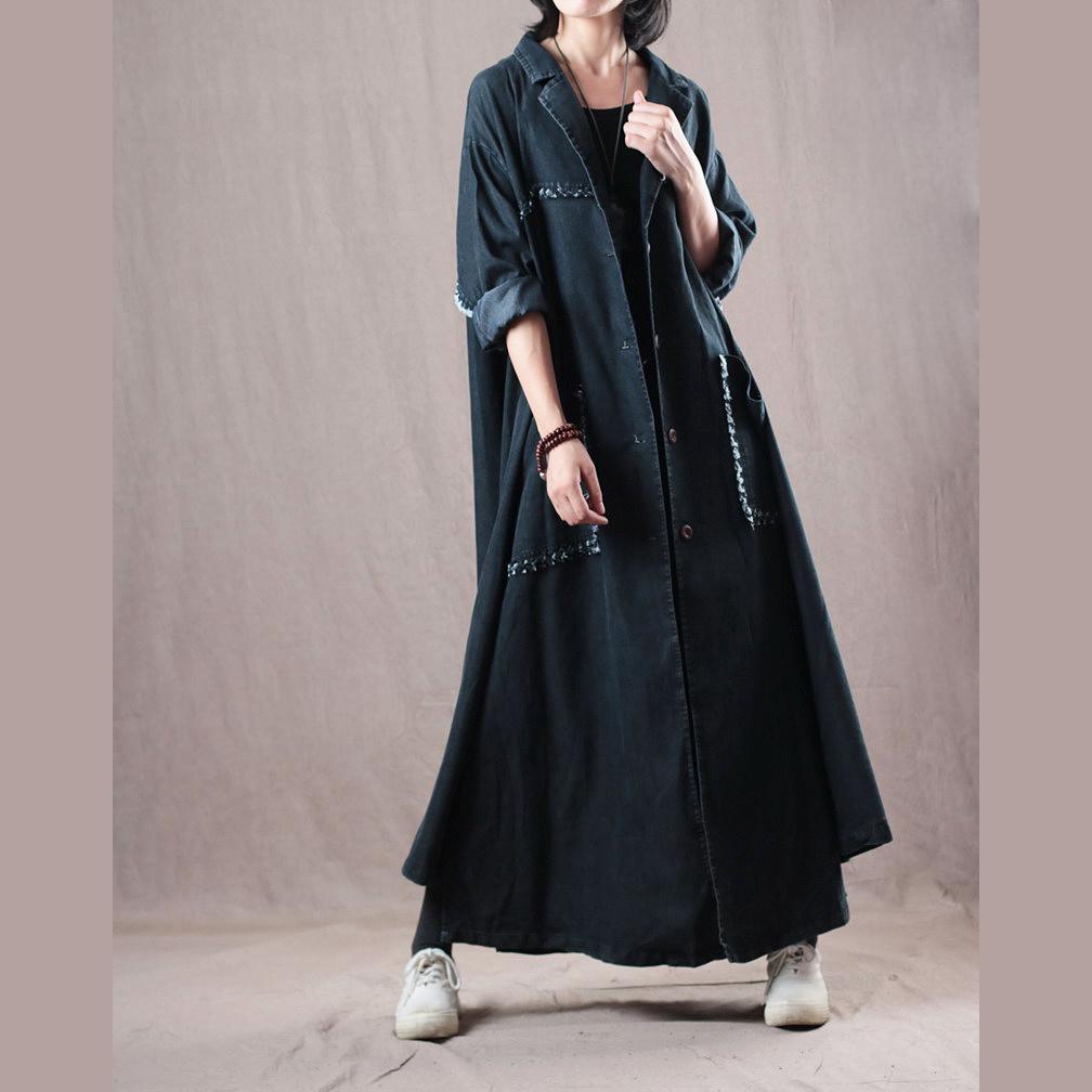 2018 denim black coats Loose fitting Notched trench coat Fashion large hem pockets coats - Omychic