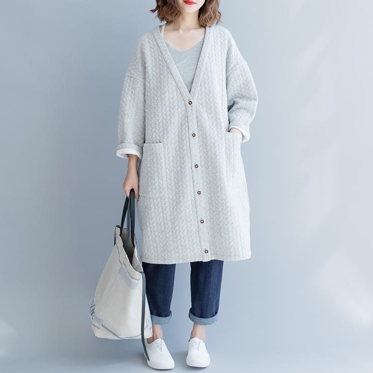 2018 gray Winter coat plus size v neck Wool Coat vintagebig pockets coat - Omychic