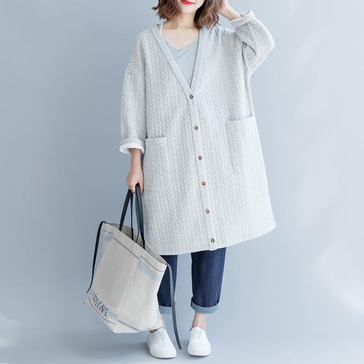 2018 gray Winter coat plus size v neck Wool Coat vintagebig pockets coat - Omychic