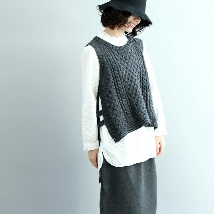 2018 gray knit sweaters trendy oversize side open sleeveless tops casual low high design blouse - Omychic