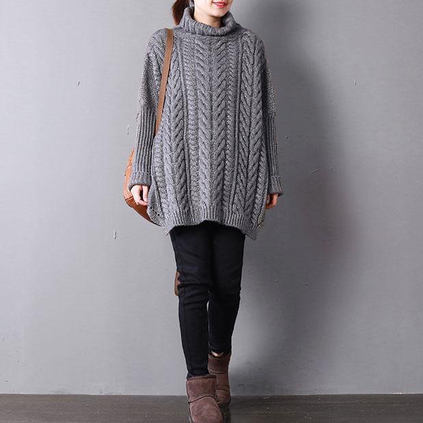 2021 Gray Knit Tops Fall Fashion Knit Sweat Tops High Neck Side Open Sweaters - Omychic