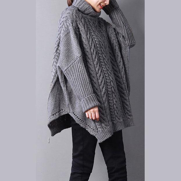 2021 Gray Knit Tops Fall Fashion Knit Sweat Tops High Neck Side Open Sweaters - Omychic