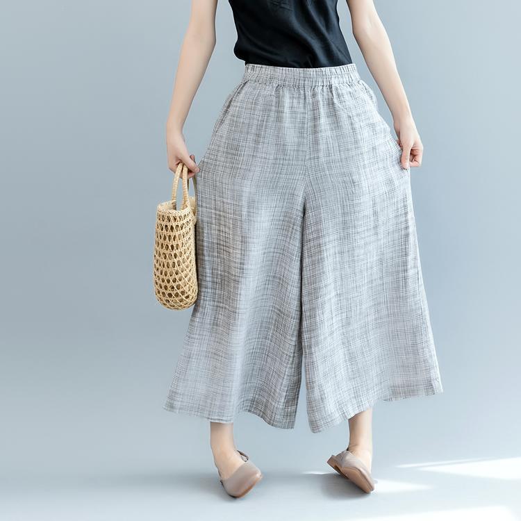 2021 gray linen wide-leg pants plus size casual elastic waist pants - Omychic