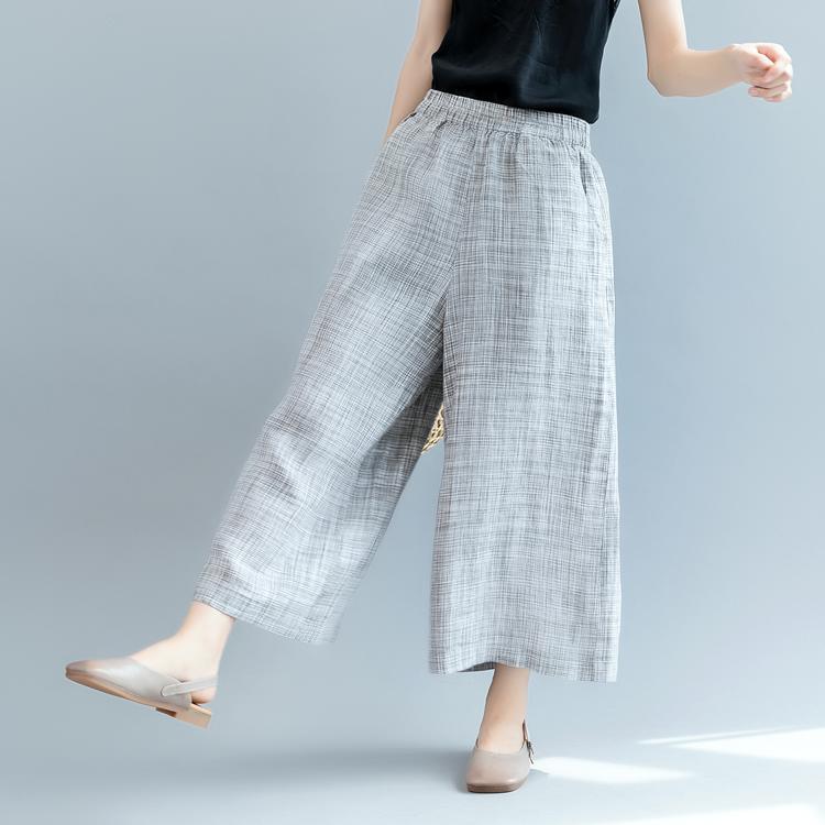 2021 gray linen wide-leg pants plus size casual elastic waist pants - Omychic