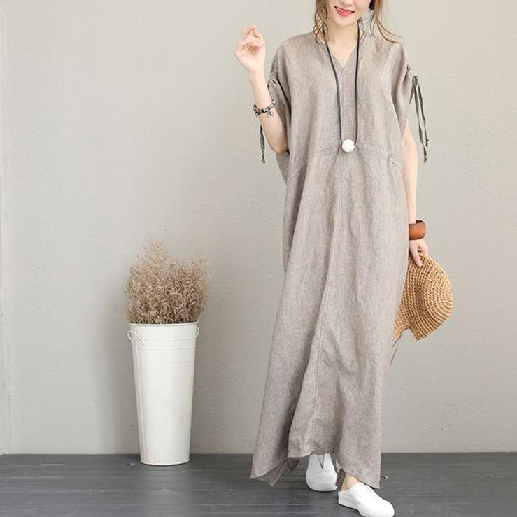 2018 gray natural linen dress plus size clothing v neck tie waist caftans vintage short sleeve side open maxi dresses - Omychic
