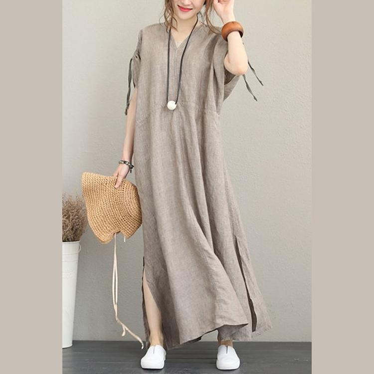 2018 gray natural linen dress plus size clothing v neck tie waist caftans vintage short sleeve side open maxi dresses - Omychic