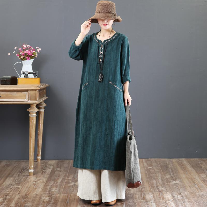 2018 green autumn casual dresses loose cotton maxi dress embroidery women maxi dress - Omychic