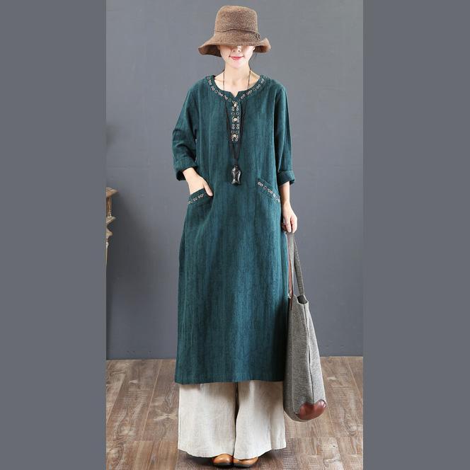 2018 green autumn casual dresses loose cotton maxi dress embroidery women maxi dress - Omychic