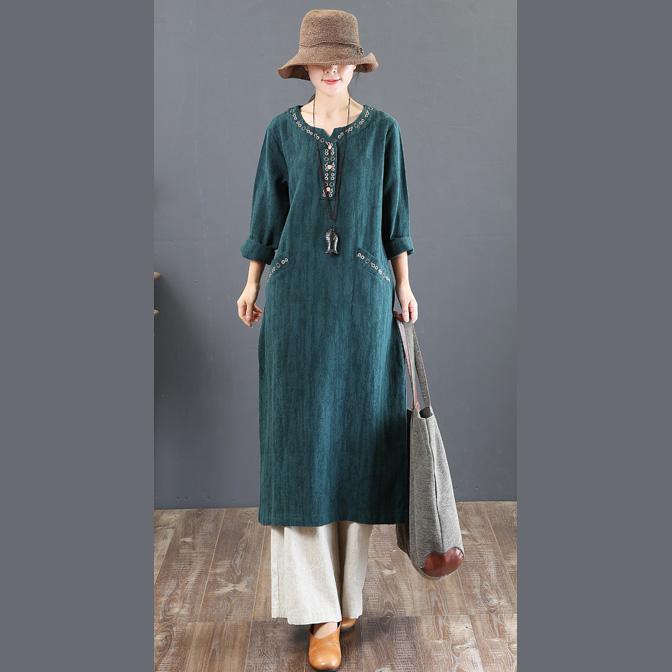 2018 green autumn casual dresses loose cotton maxi dress embroidery women maxi dress - Omychic