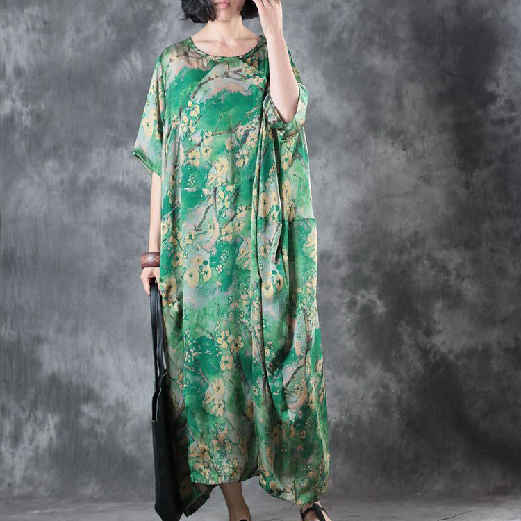 2021 Green Floral Natural Silk Dress Loose Fitting Traveling Clothing Elegant Short Sleeve Silk Long Dresses - Omychic