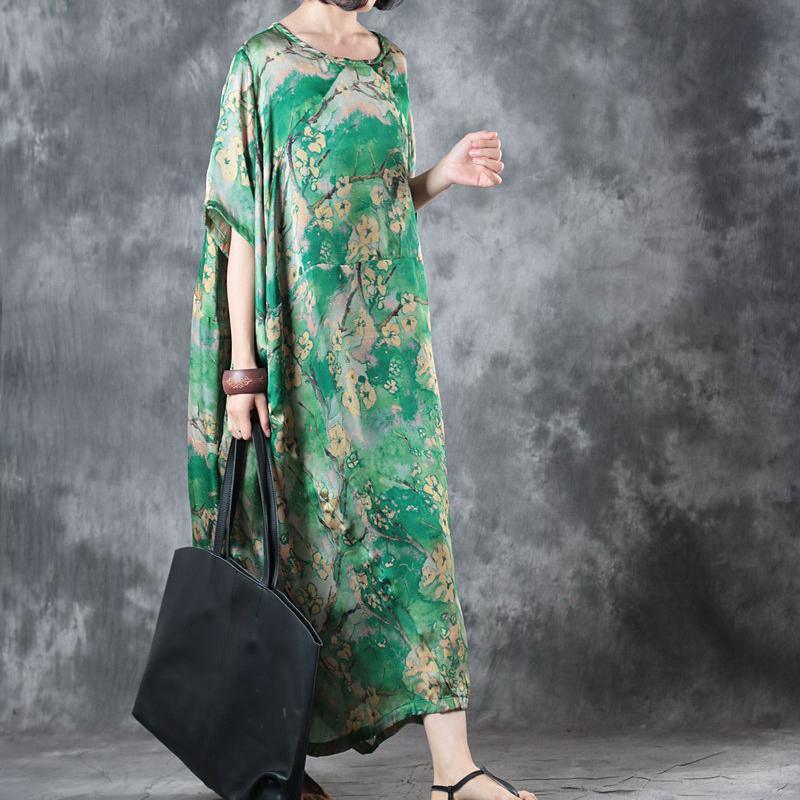 2021 Green Floral Natural Silk Dress Loose Fitting Traveling Clothing Elegant Short Sleeve Silk Long Dresses - Omychic