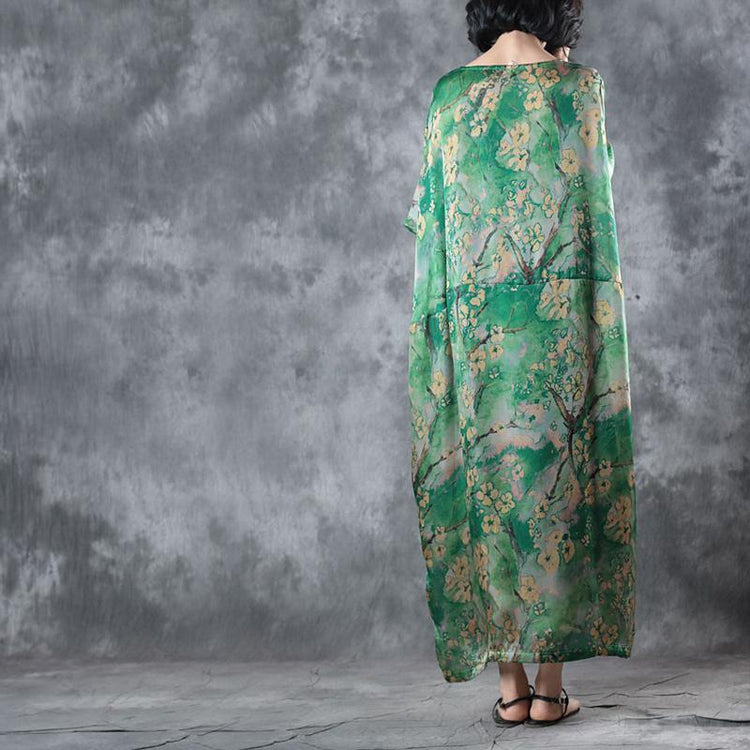 2021 Green Floral Natural Silk Dress Loose Fitting Traveling Clothing Elegant Short Sleeve Silk Long Dresses - Omychic