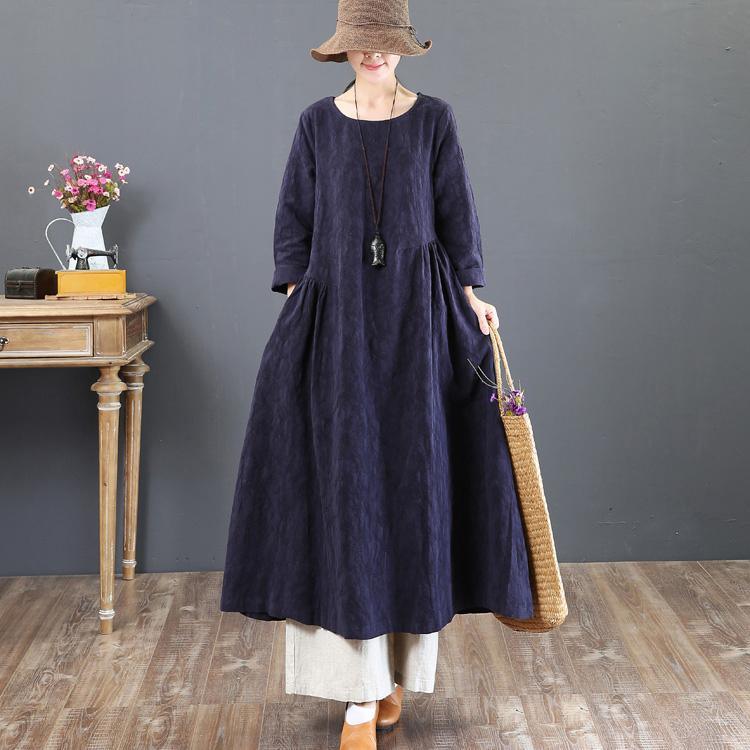 2018 navy linen dresses casual jacquard fall dresses vintage tunic big hem caftans - Omychic