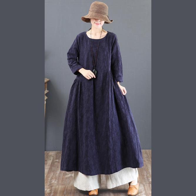 2018 navy linen dresses casual jacquard fall dresses vintage tunic big hem caftans - Omychic