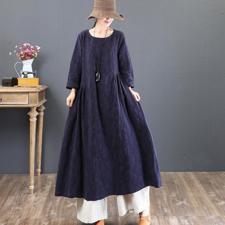 2018 navy linen dresses casual jacquard fall dresses vintage tunic big hem caftans - Omychic