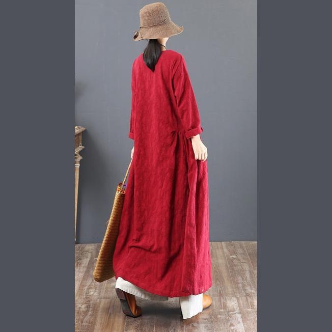 2018 navy linen dresses casual jacquard fall dresses vintage tunic big hem caftans - Omychic