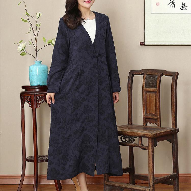 2018 navy natural Loose fitting v neck traveling clothing wrinkled large hem autumn dress - Omychic