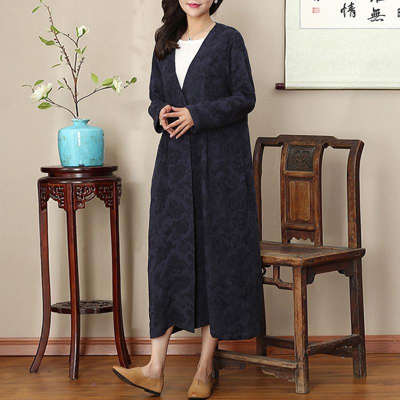 2018 navy natural Loose fitting v neck traveling clothing wrinkled large hem autumn dress - Omychic