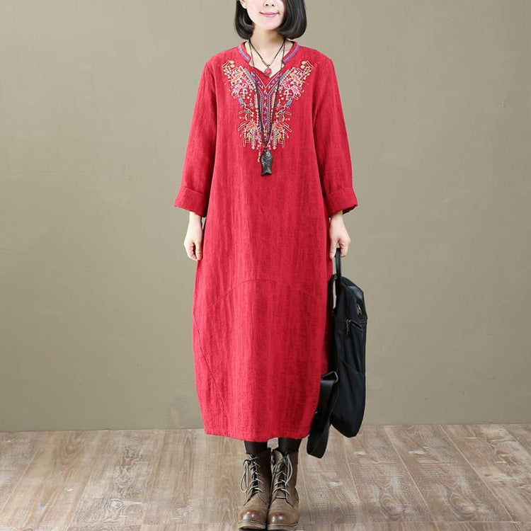 2018 new embroidery cotton dresses plus size casual v neck gowm long sleeve women dress - Omychic