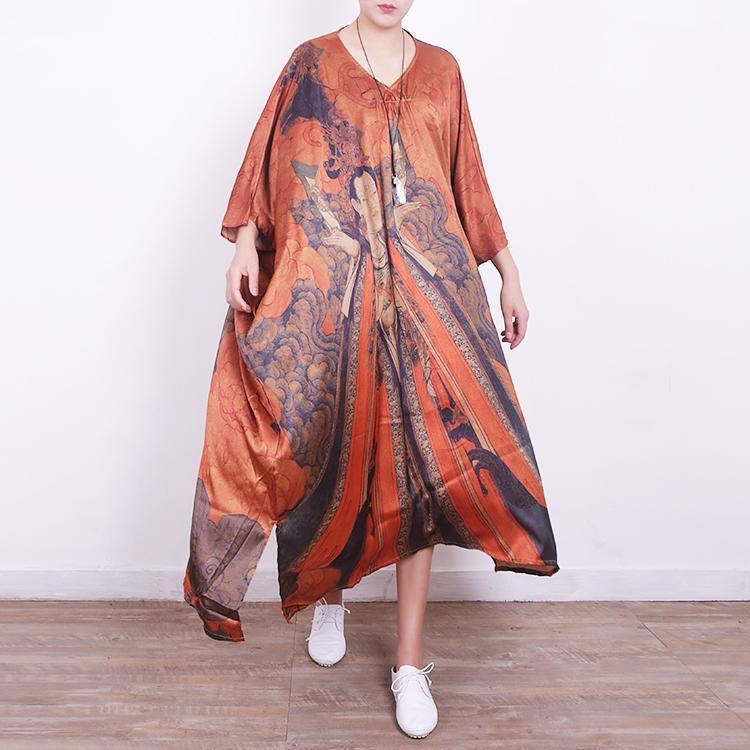 2018 orange  silk dress casual traveling dress top quality v neck prints natural silk dress - Omychic