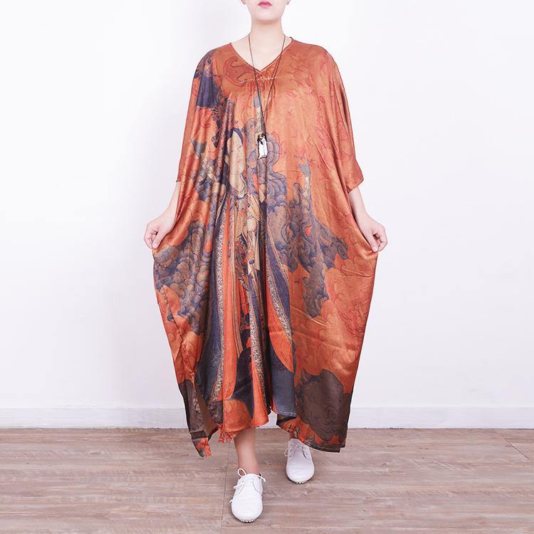 2018 orange  silk dress casual traveling dress top quality v neck prints natural silk dress - Omychic