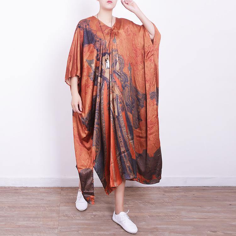 2018 orange  silk dress casual traveling dress top quality v neck prints natural silk dress - Omychic