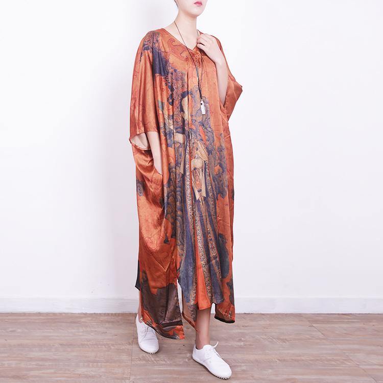 2018 orange  silk dress casual traveling dress top quality v neck prints natural silk dress - Omychic