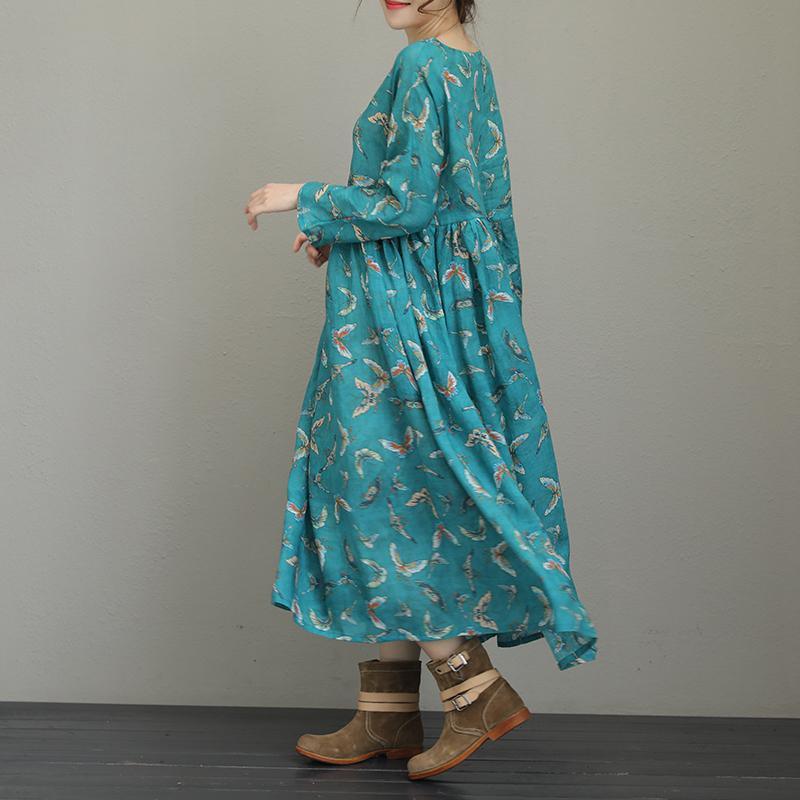 2018 print long linen dress oversize O neck linen gown boutique long sleeve caftans - Omychic