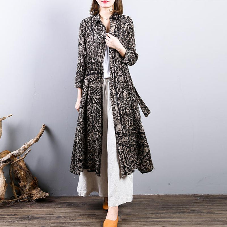 2018 prints linen thin coat oversized drawstring outwear women tunic side open Coat - Omychic