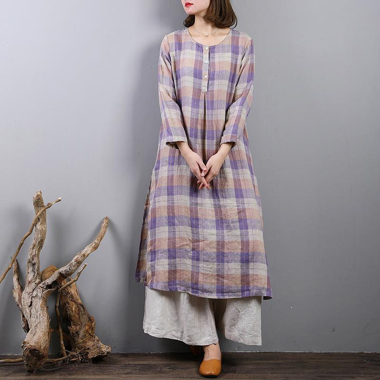 2018 purple plaid long linen dresses plus size side open traveling clothing boutique o neck maxi dresses - Omychic