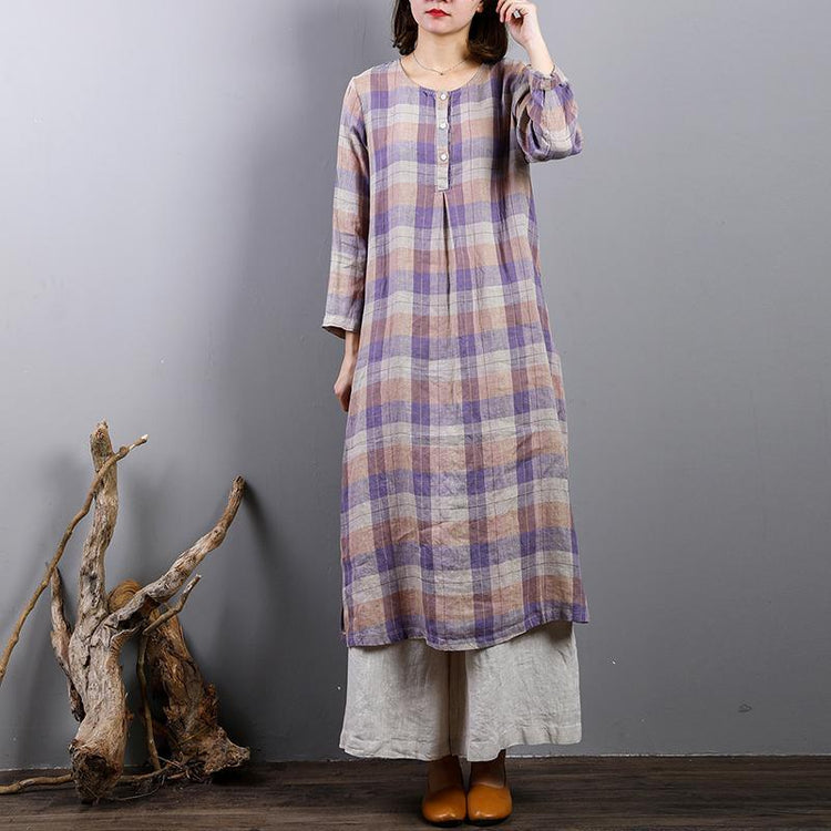 2018 purple plaid long linen dresses plus size side open traveling clothing boutique o neck maxi dresses - Omychic