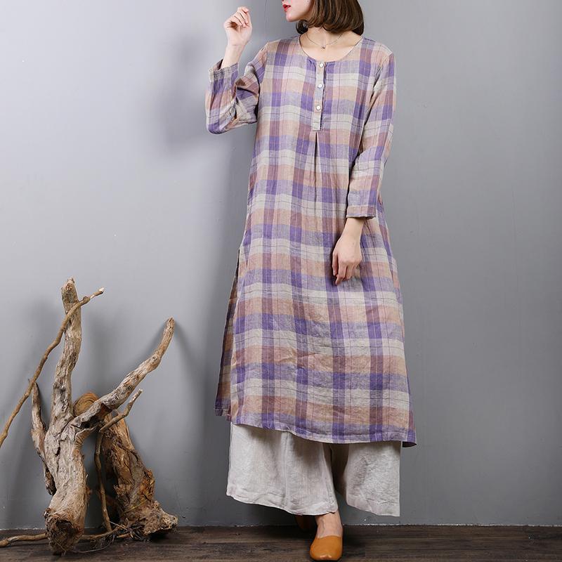 2018 purple plaid long linen dresses plus size side open traveling clothing boutique o neck maxi dresses - Omychic