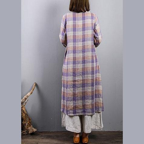 2018 purple plaid long linen dresses plus size side open traveling clothing boutique o neck maxi dresses - Omychic