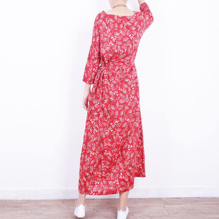 2018 red floral long linen dresses plus size o neck gown boutique tie waist kaftans - Omychic